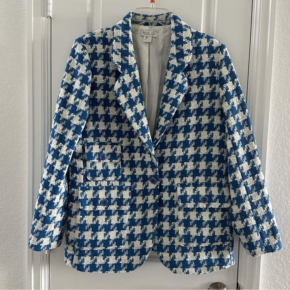 Rachel Zoe Blue and White Houndstooth Tweed Blazer